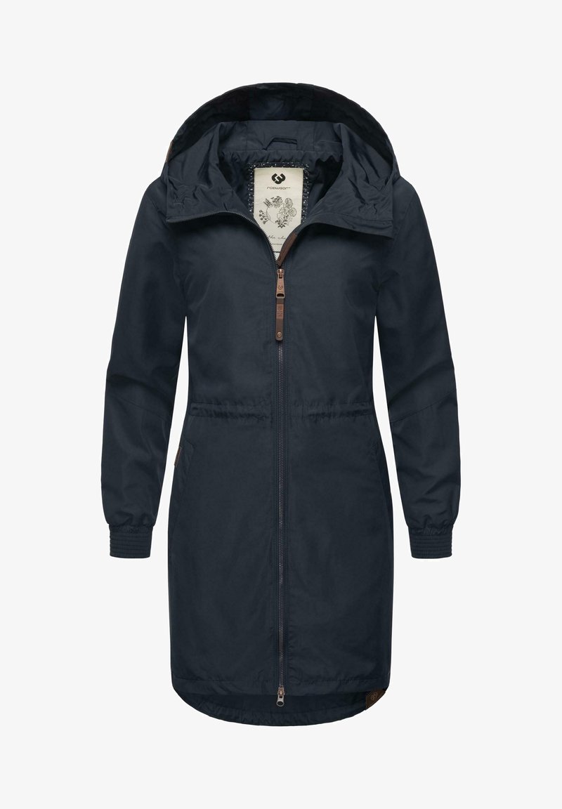 Mørkeblå lett jakke med glidelås, hette, elastiske mansjetter og justerbar midje. Har brune detaljer og en blomstermønstret innerfôr.