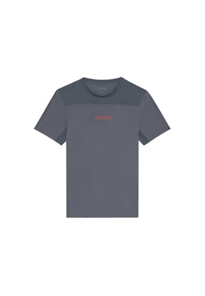 Gray athletic t-shirt with mesh accents, round neckline, short sleeves, and a contrasting red "Calvin Klein" logo on the chest.