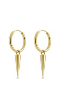 Goldene Creolen, die ein glattes, abgerundetes Design mit einem scharfen, konischen Anhängerakzent aufweisen. Polierte Oberfläche mit reflektierendem Finish.