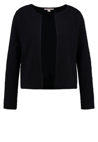 Svart kortärmad cardigan med lång ärm, strukturerad tyg med ett subtilt mönster och en öppen framsidesdesign. Klassisk och mångsidig stil.