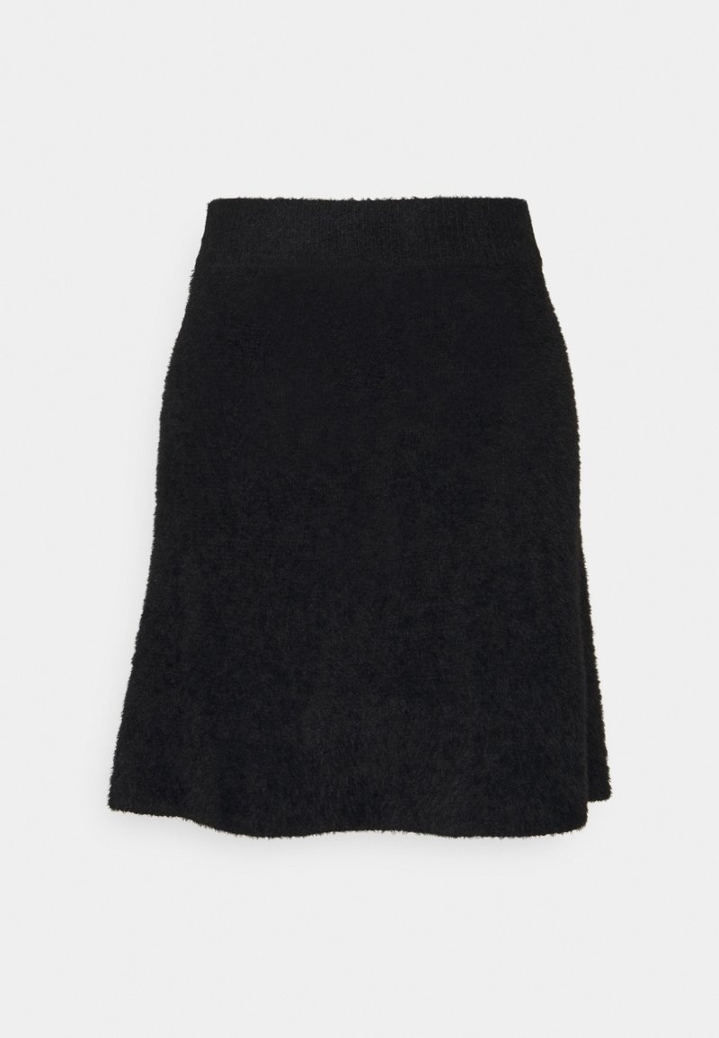 Jupe noire longueur genou avec une texture duveteuse et une taille élastique, présentée sur un fond clair uni.