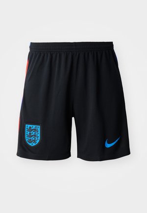 Pantalones cortos deportivos negros de tela de malla, con un logo de Nike azul y un escudo de Inglaterra azul. Acentos laterales en rojo y azul. Cintura elástica.