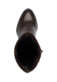Brown leather ankle boot with a smooth texture, pointed toe, and a zip closure on the side. Interior lined for comfort.