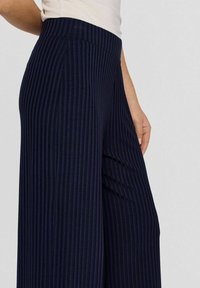 Navy plisserede wide-leg bukser med en glat talje, der har lodrette striber og et blødt, tekstureret stof.