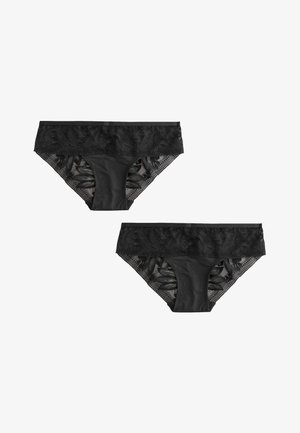 Schwarze Spitzenbikinihose mit Blumenmuster und Netzseiten, von vorne und hinten gezeigt.