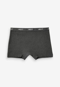 Boxer shorts gris foncé avec une texture de tissu douce. Dotés d'une taille élastique de marque avec un motif répétitif "NEXT" et un design en forme de cœur.