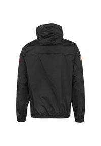 Zwarte windbreaker jack met een capuchon, elastische manchetten en een getailleerde taille. Bevat een kleurrijke logopatch op de linker mouw.
