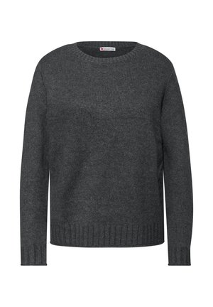 Dunkelgrauer gestrickter Pullover mit rundem Ausschnitt, langen Ärmeln und geripptem Saum. Weiche Textur und minimalistisches Design.