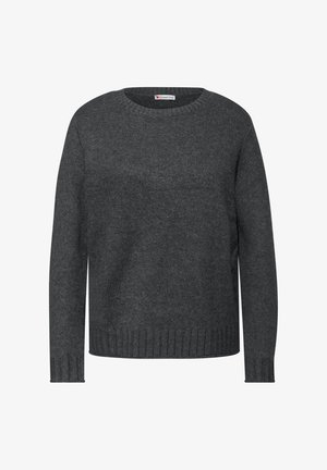 Mørkegrå strikket sweater med rund halsudskæring, lange ærmer og ribbet kant. Blød tekstur og minimalistisk design.