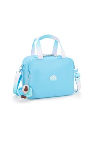 Borsa sintetica azzurra chiara con doppie maniglie e tracolla regolabile. Presenta una chiusura a zip, un logo tondeggiante e un charm a forma di scimmia.