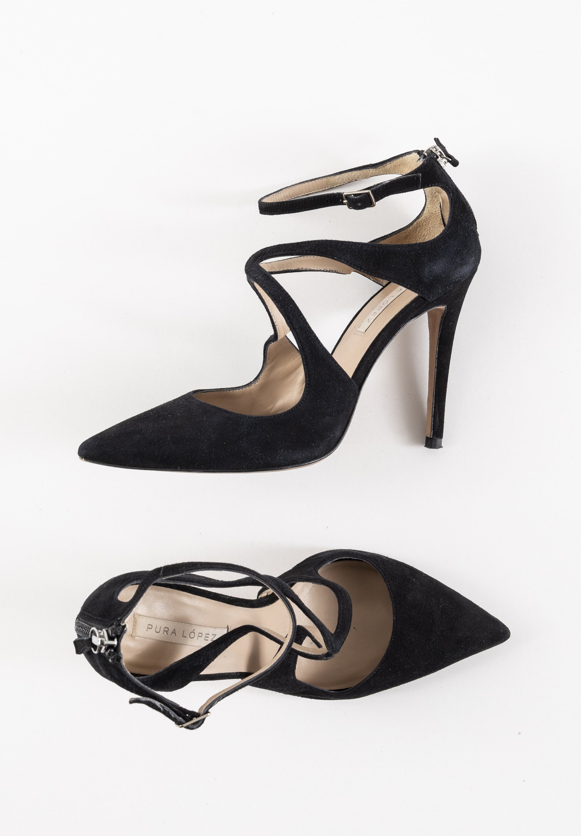 Pura Lopez Black Leather Pumps With Ankle Strap Vintage Leather