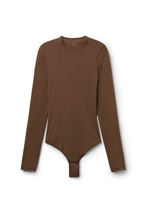 Langärmeliges braunes Bodysuit aus glattem Stoff, mit rundem Ausschnitt, figurnaher Passform und Druckknopfverschluss im Schritt.