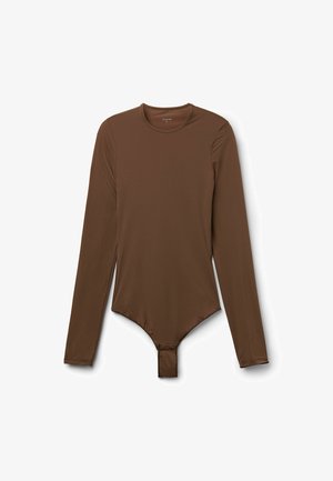 Langlijf bruin body gemaakt van gladde stof, met een ronde halslijn, aansluitend ontwerp en drukknoopsluiting aan de onderkant.