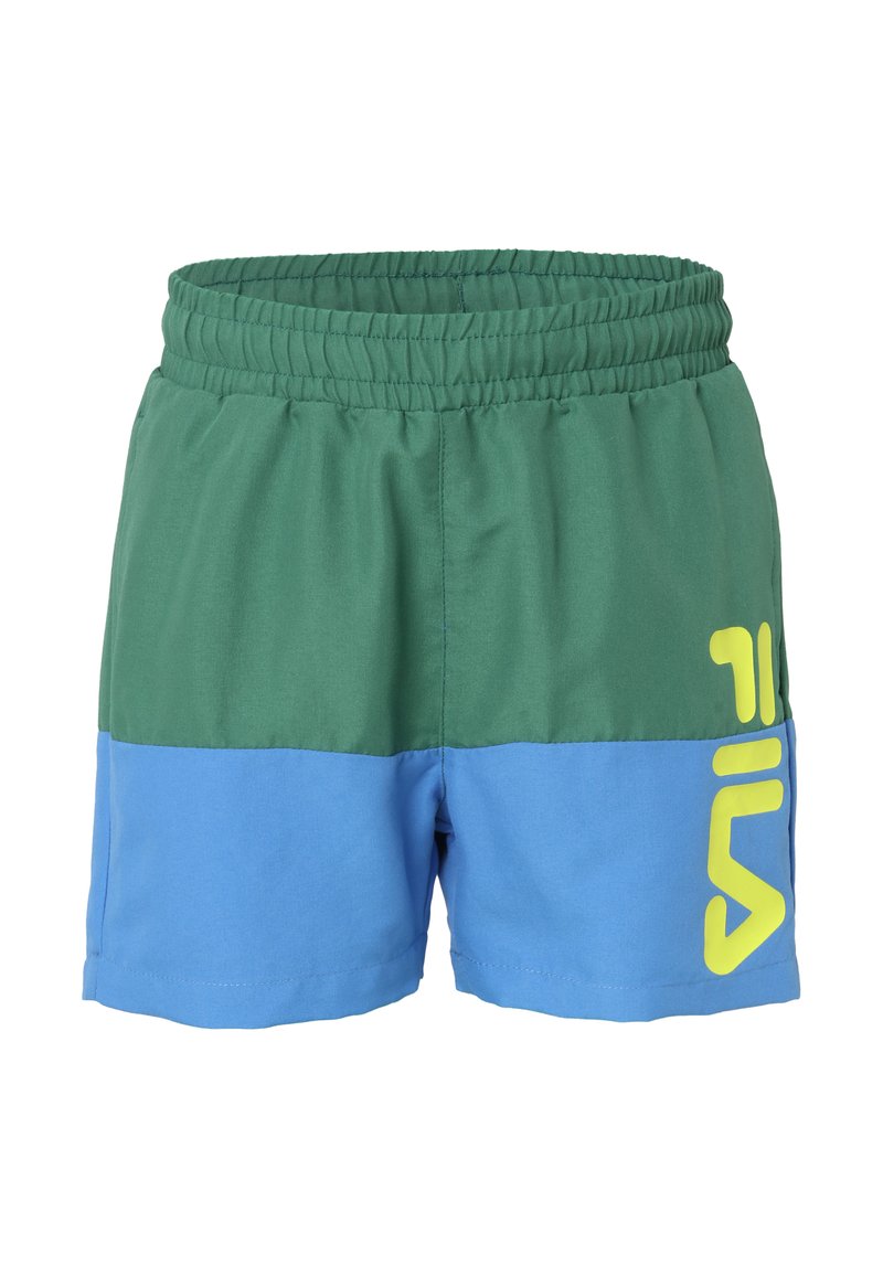 Gröna och blå färgblockerade shorts med resår i midjan, med en stor gul logotyp på sidan, tillverkade av lättviktig tyg.