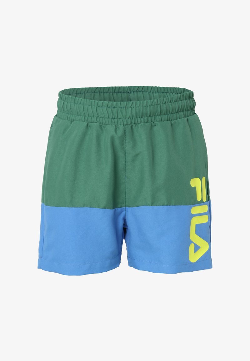 Gröna och blå färgblockerade shorts med resår i midjan, med en stor gul logotyp på sidan, tillverkade av lättviktig tyg.