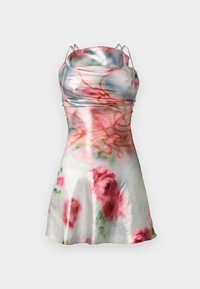 Μίνι φόρεμα από σατέν με λεπτές τιράντες, διακοσμημένο με λουλουδένιο σχέδιο σε αποχρώσεις ροζ και πράσινου πάνω σε γυαλιστερό λευκό φόντο. Φαρδύ τελείωμα.