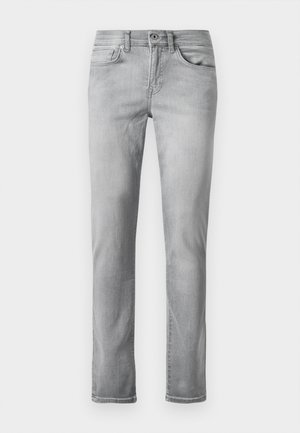 Graue Jeans aus Denim mit geradem Bein, ausgestattet mit einem klassischen Fünf-Taschen-Design und subtilen Verfärbungen im gesamten Stoff.