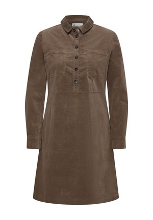 Bruine corduroy jurk met lange mouwen, kraag, knoopsluiting aan de voorkant, twee borstzakken en een licht uitlopende rokszoom.