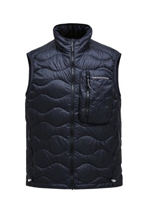 Black quilted sleeveless vest with high collar, front zip closure, and a left chest pocket. Features wave pattern and side zip pockets.
