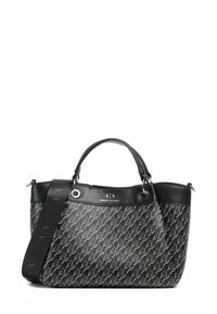 Borsa tote nera con un motivo logo distintivo. Presenta doppie maniglie superiori e una tracolla staccabile. Finitura liscia e testurizzata, hardware in argento.