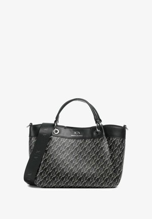 Borsa tote nera con un motivo logo distintivo. Presenta doppie maniglie superiori e una tracolla staccabile. Finitura liscia e testurizzata, hardware in argento.
