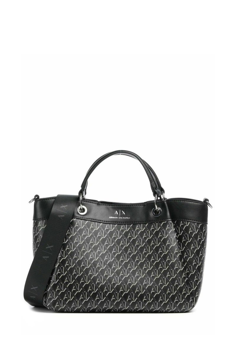 Borsa tote nera con un motivo logo distintivo. Presenta doppie maniglie superiori e una tracolla staccabile. Finitura liscia e testurizzata, hardware in argento.