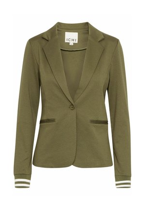 Olijvenkleurige blazer met één knoop, reverskraag, twee voorzakken en witte gestreepte manchetten. Gemaakt van textiel met een structuur.