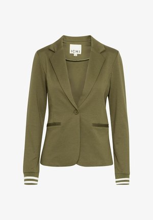 Olivno zeleni blazer s jednim gumbom, s rebrastim reverom, dva prednja džepa i manžetama s bijelim prugama. Izrađen od teksturirane tkanine.