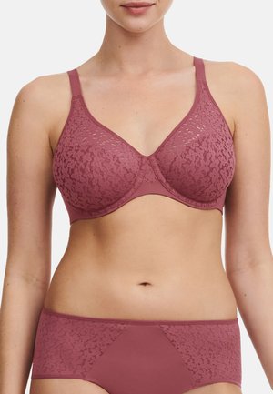 Mauvfarbener BH mit Spitzenüberzug, Unterwäschesupport, verstellbaren Trägern und passendem Slip mit Spitzenpaneel-Akzenten, aus weichem, dehnbarem Material gefertigt.