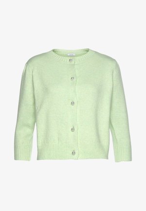 Lysegrøn strikket cardigan med fem perleknapper foran og ribkant ved ærmer og forneden, rund halsudskæring.