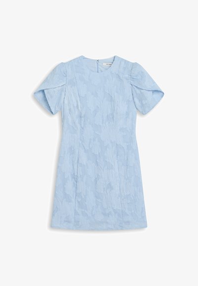 Helles blaues Kurzarmkleid aus strukturiertem Stoff, mit floralem Muster, Rundhalsausschnitt und verstecktem Reißverschluss hinten.