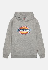 Gray cotton hoodie with a front pouch pocket, adjustable drawstring hood, and a central red and blue Dickies logo.