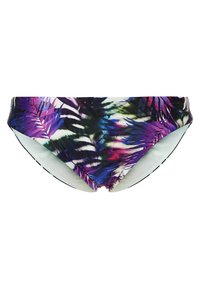 Destejo de bikini multicolor com um padrão de folhas tropicais em tons de roxo, verde e azul, com bordas pretas sólidas. Textura suave.