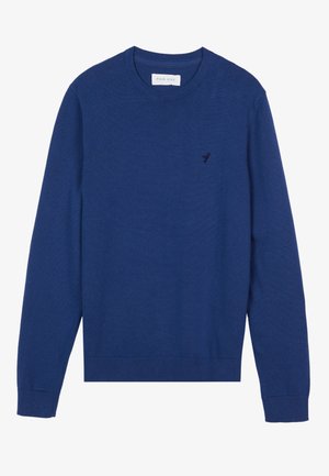 Granatowy sweter dzianinowy z okrągłym dekoltem, długimi rękawami i ściągaczami przy mankietach. Posiada małe haftowane logo na piersi.