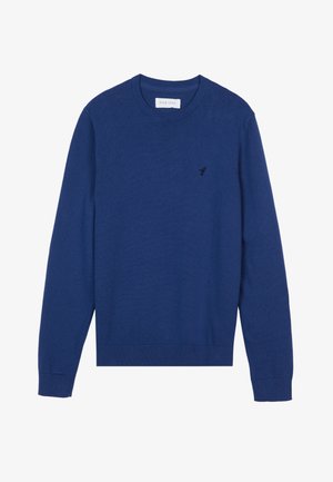 Maglione lavorato a maglia blu navy con scollo rotondo, maniche lunghe e polsini a coste. Presenta un piccolo logo ricamato sul petto.