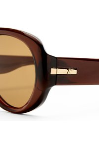 Κοντινό πλάνο καφέ διαφανών γυαλιών ηλίου με παχύ σκελετό και μικρή χρυσή ορθογώνια λεπτομέρεια στον βραχίονα.