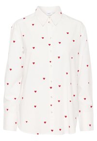 White button-up shirt with a collar, featuring scattered red heart embroidery and long sleeves. Fabric appears smooth and lightweight.
