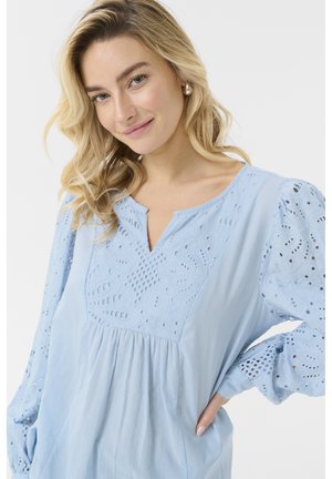 Light blue blouse with a V-neck and embroidered details. Long, puffed sleeves feature intricate eyelet patterns. Soft, textured fabric.