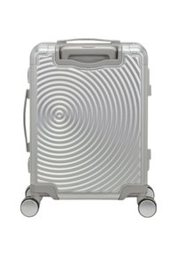 Valigia rigida argento con un motivo circolare ondulato, maniglia superiore, maniglia laterale e quattro ruote lisce per la mobilità.