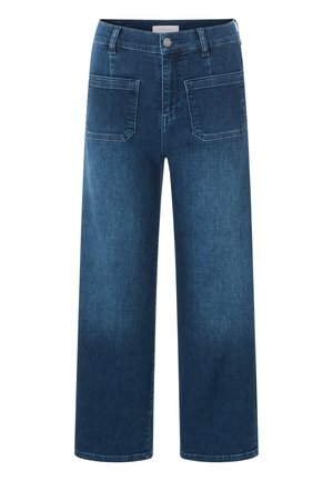 Jeans a gamba larga di colore blu scuro realizzati in denim, con due tasche anteriori, due tasche posteriori e un orlo pulito. Senza strappi visibili.