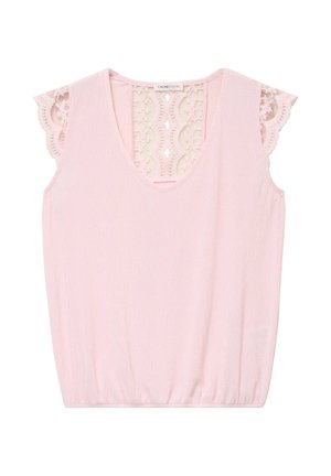 Lyserød ærmeløs bluse med V-hals og blonde detaljer på ryggen og korte ærmer, med subtilt tekstureret stof.