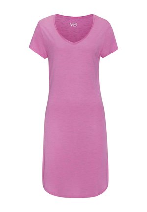 Kurzes rosa Kleid mit V-Ausschnitt und kurzen Ärmeln, dezente melierte Struktur, knielanger Saum und einfache, taillierte Silhouette.