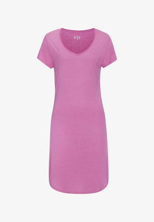 Kurzes rosa Kleid mit V-Ausschnitt und kurzen Ärmeln, dezente melierte Struktur, knielanger Saum und einfache, taillierte Silhouette.