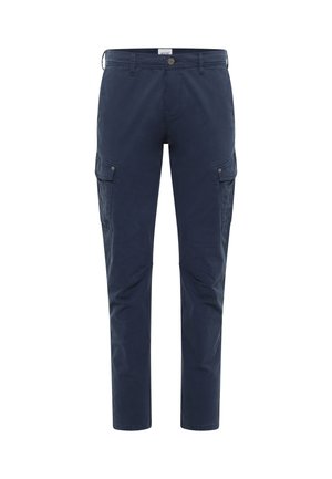 Navy blue cargo pants made of cotton blend fabric, featuring multiple side pockets, a button closure, and a straight-leg design.