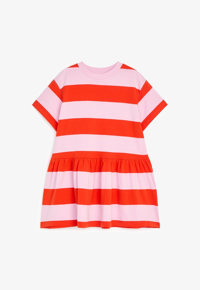 Robe à manches courtes avec larges rayures horizontales rouges et roses et un détail froncé à la taille.