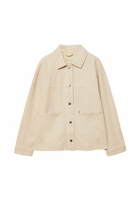 Beige džínová bunda s límečkem, předním zapínáním na knoflíky a dvěma velkými našitými kapsami. Jednoduchý design s klasickými detaily.