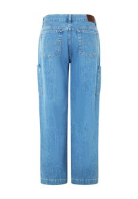 Takakats view of light blue, straight-leg denim jeans with two back pockets, side cargo pockets, and a brown leather patch on the waistband.