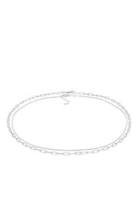 Silberne Kettenhalskette mit zwei unterschiedlichen Strängen: einem flachen, glatten und einem aus länglichen Gliedern. Sichere Verschlussmechanik.
