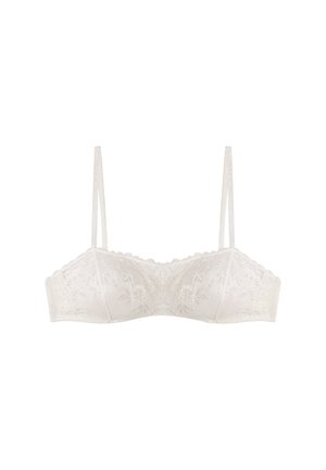 Bralette en dentelle couleur blanc cassé avec des bretelles fines, des bords festonnés et un motif floral, mettant en avant une finition lisse et des bonnets structurés.