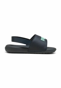 Tamno plave papuče za plažu s teksturiranim remenom, gumenenim đonom i podesivim stražnjim remenom. Uključuje kontrastni logo u svijetloplavoj boji.